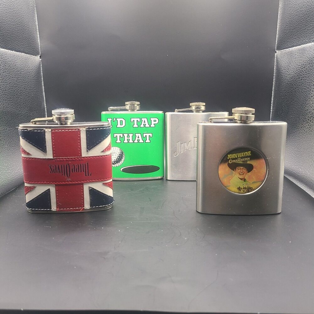 Stainless Steel 6oz Flasks Lot Of 4 Jim Beam/three Olives/john Wayne